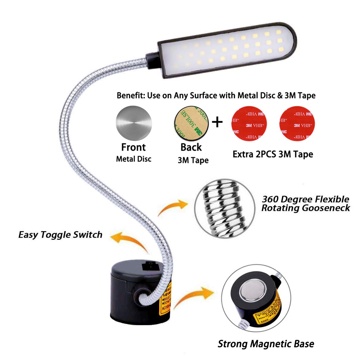 EVISWIY Sewing Machine Light LED Lighting (30LEDs) 6 Watt for Workbench Lathe Drill Press Daylight White Flexible Gooseneck Arm Work Lamp with Magnetic Mounting Base Black