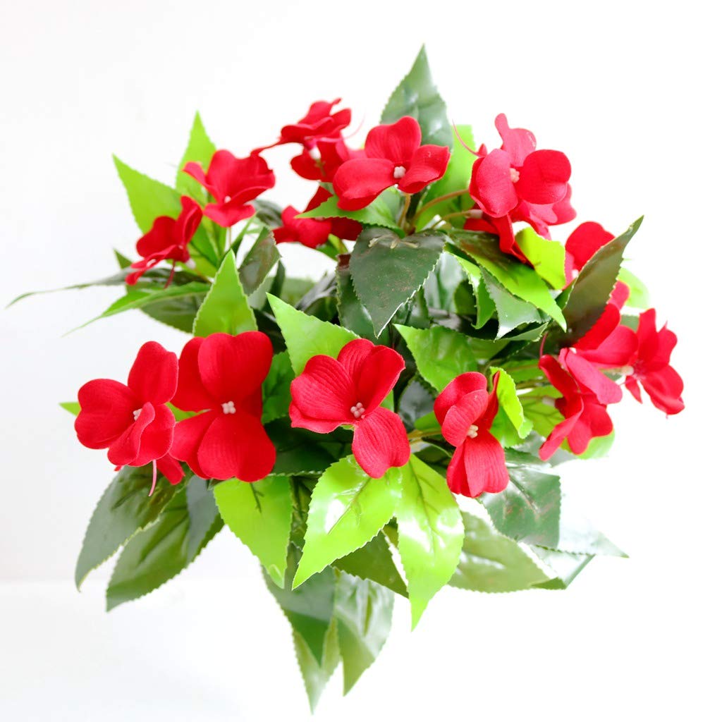 Xilyya 2PCS Artificial Impatiens Bushes Silk Flowers Greenery Indoor Garden Office Wedding Decor (Red)
