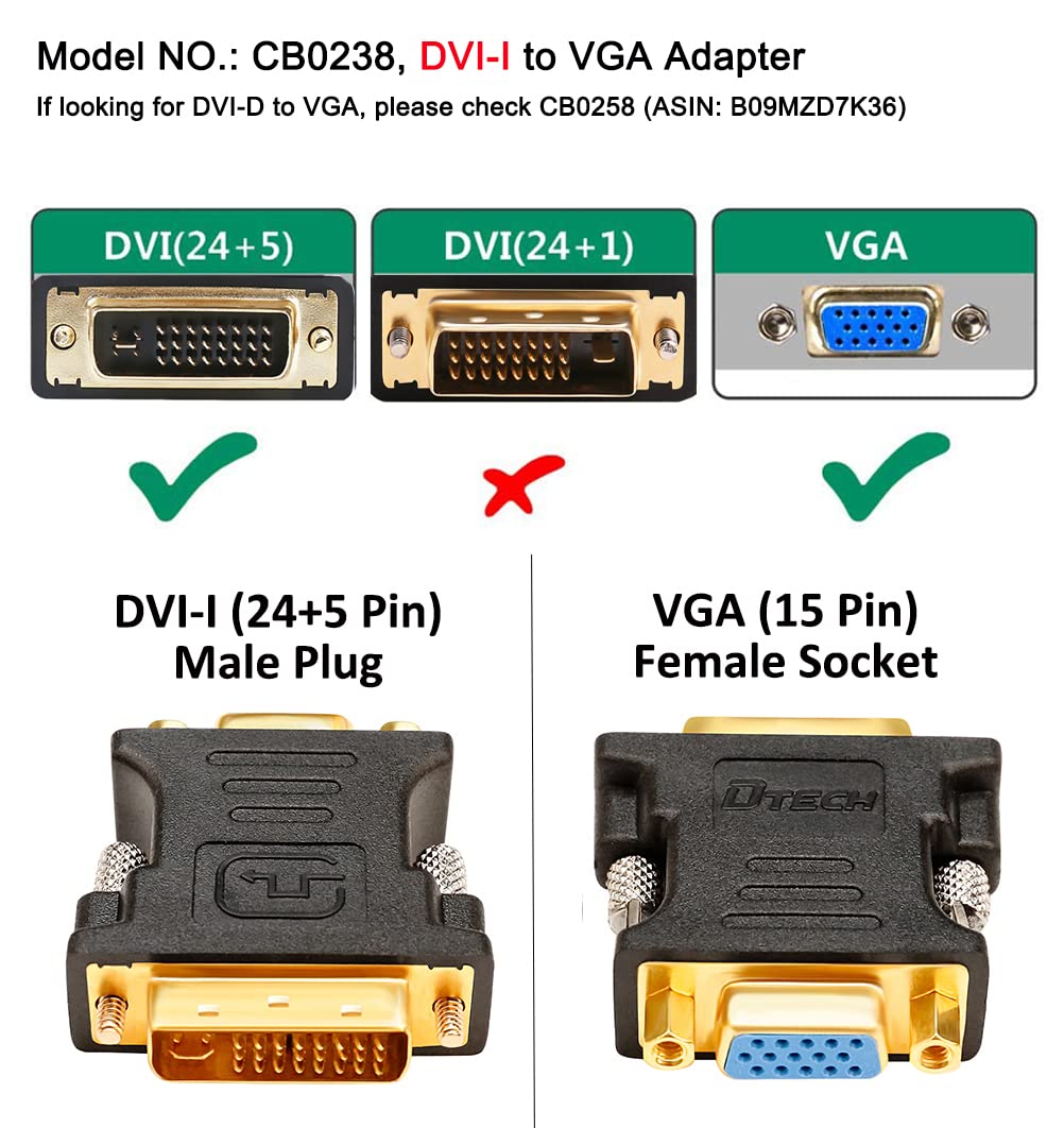 DTech DVI Male to VGA Female Adapter DVI-I 24+5 Port Converter