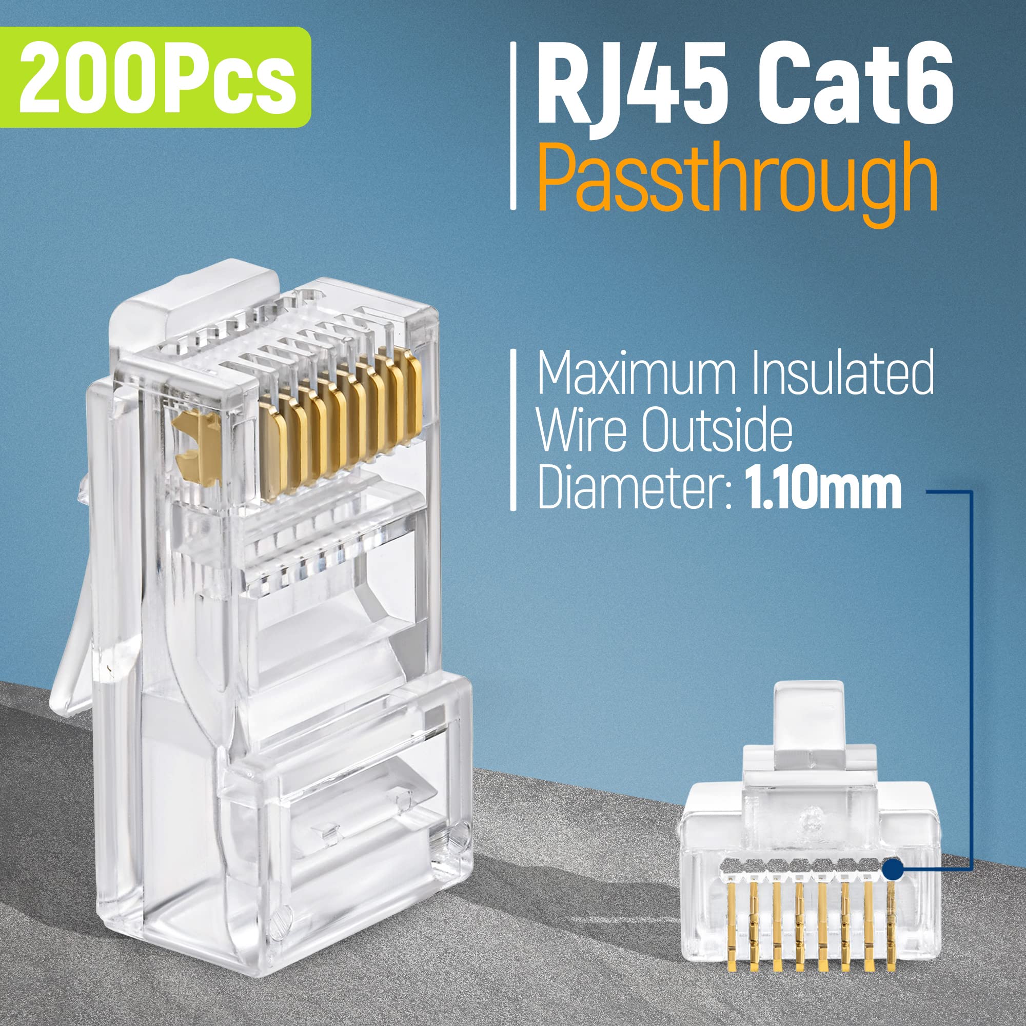 Everest Media Solutions RJ45 Cat6 Pass Through Connectors - Pack of 200 - EZ to Crimp Modular Plug for Solid or Stranded UTP Network Cable - Male Ethernet Connector End