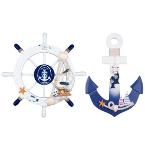 2 pack 11" nautical beach wooden ship wheel and 11" wooden anchor with rope nautical boat steering wheel rudder anchor wall art decor door hanging ornament beach theme home decoration(white&blue)