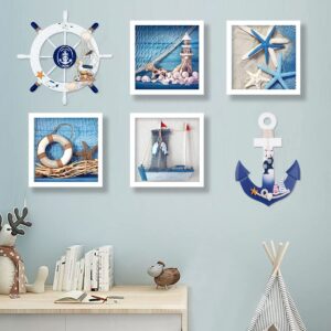 2 Pack 11" Nautical Beach Wooden Ship Wheel and 11" Wooden Anchor with Rope Nautical Boat Steering Wheel Rudder Anchor Wall Art Decor Door Hanging Ornament Beach Theme Home Decoration(White&Blue)