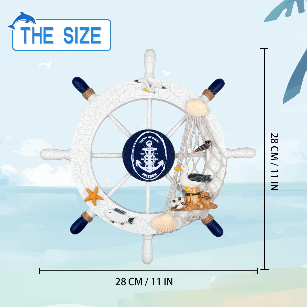 2 Pack 11" Nautical Beach Wooden Ship Wheel and 11" Wooden Anchor with Rope Nautical Boat Steering Wheel Rudder Anchor Wall Art Decor Door Hanging Ornament Beach Theme Home Decoration(White&Blue)