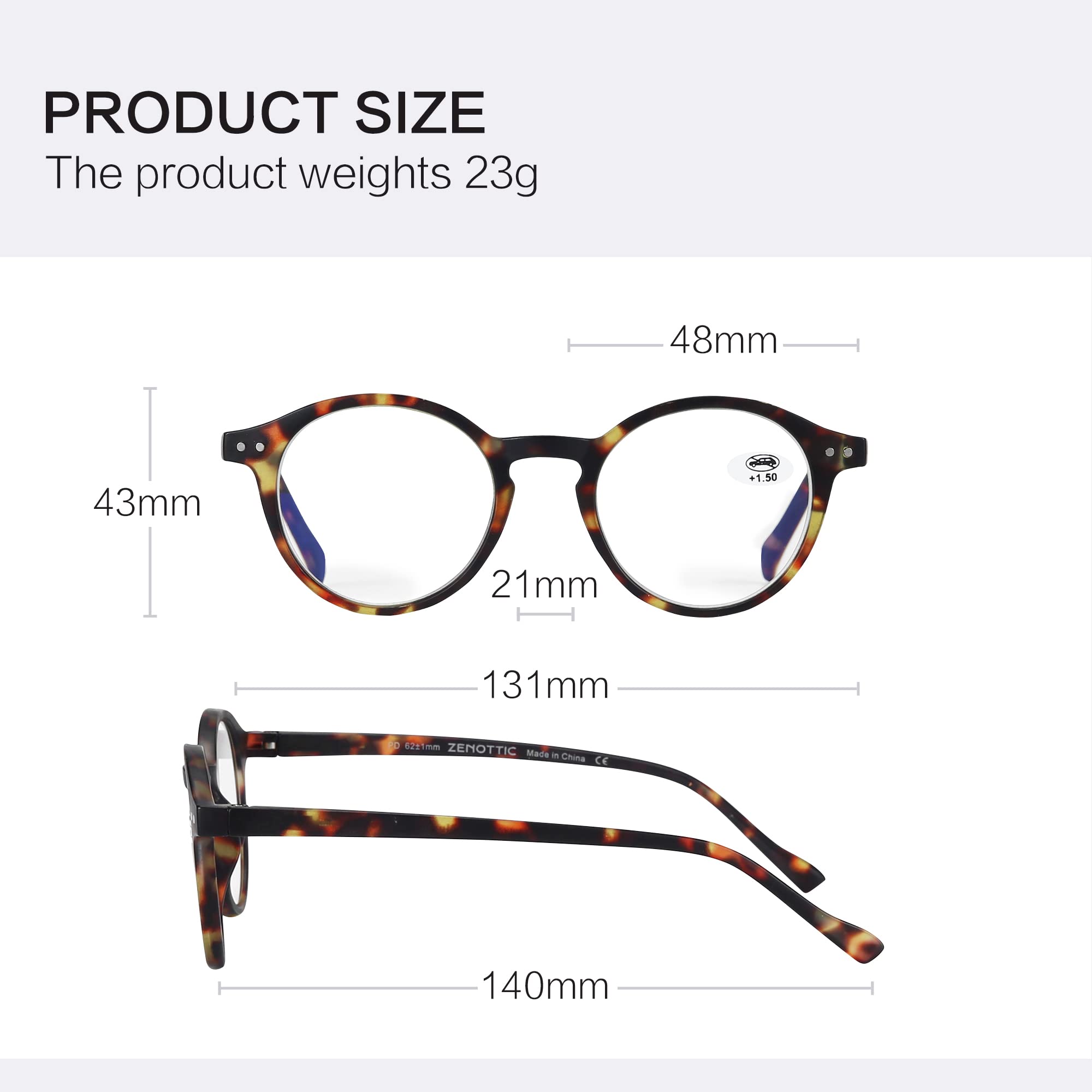 ZENOTTIC Reading Glasses Blue Light Blocking Round Glasses for Men Women Magnification 0.0 1.0 1.5 2.0 2.5 3.0 3.5