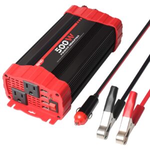 bygd 500w power inverter, car power inverter dc 12v to 110v ac car inverter converter 4 usb quick charging ports and dual ac outlets car charger adpater with cigarette lighter cable and battery clamps