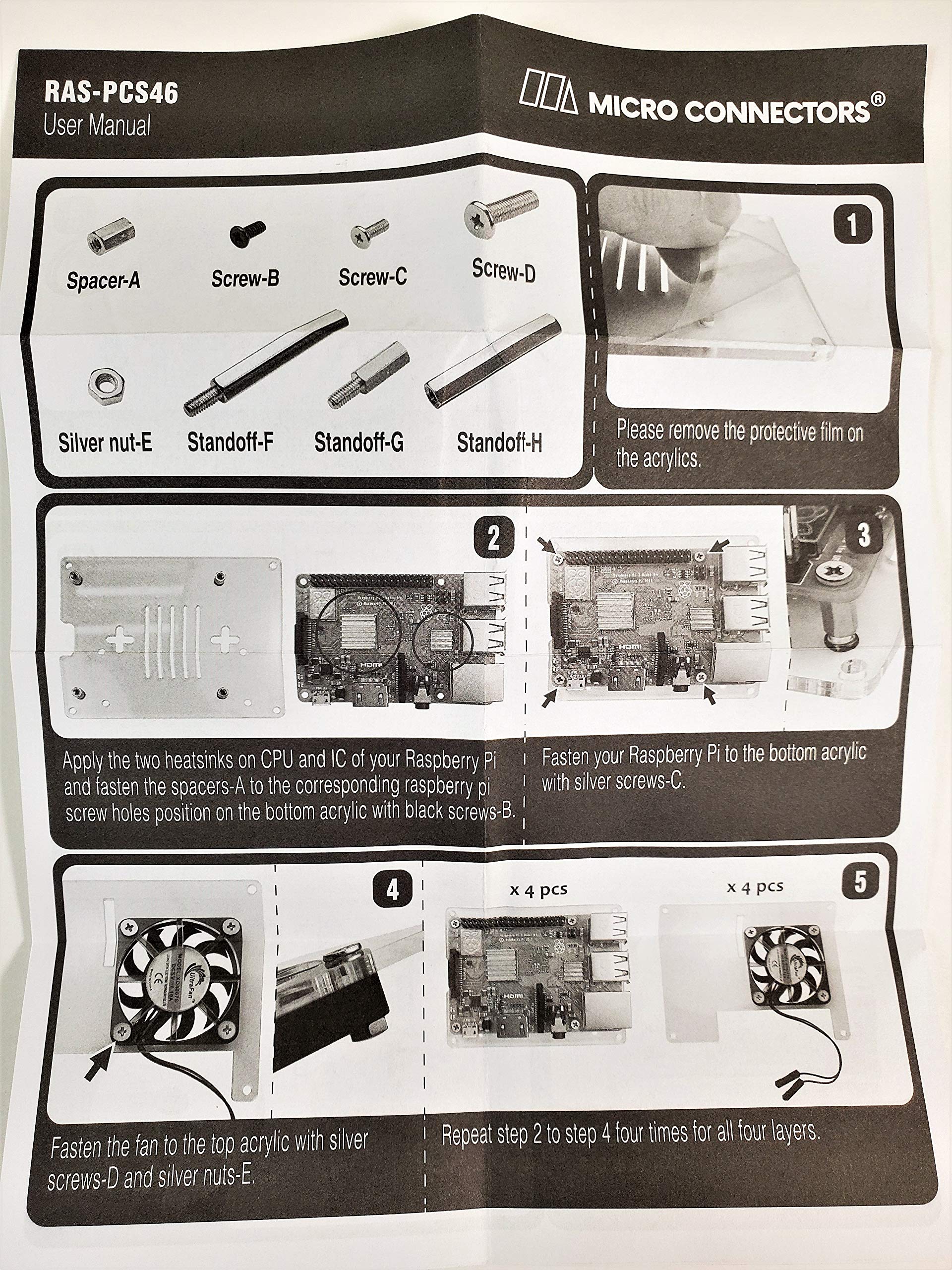 Micro Connectors Four (4) Layer Stackable Acrylic Raspberry Pi 3 Case for Model B B+ and Pi 4 Enclosure with Fan and Heatsinks - Clear (RAS-PCS46)