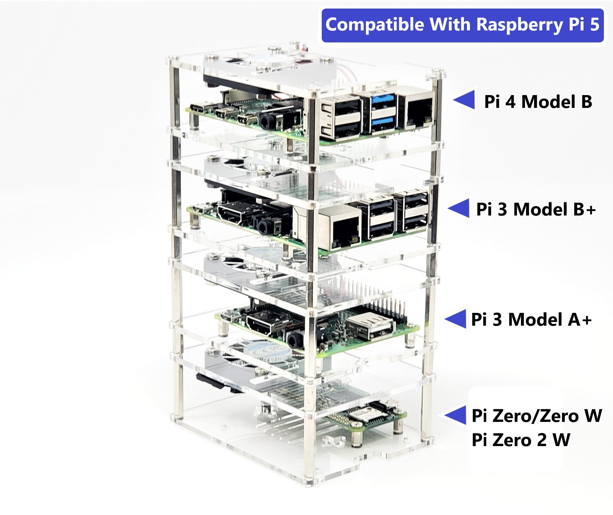 Micro Connectors Four (4) Layer Stackable Acrylic Raspberry Pi 3 Case for Model B B+ and Pi 4 Enclosure with Fan and Heatsinks - Clear (RAS-PCS46)