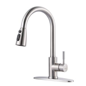 wowow kitchen faucet with sprayer, kitchen sink faucet, sus 304 stainless steel, high arc single handle brushed nickel kitchen faucets with pull down sprayer, pull out kitchen faucet with deck plate