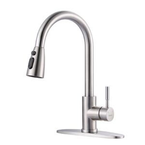 WOWOW Kitchen Faucet with Sprayer, Kitchen Sink Faucet, SUS 304 Stainless Steel, High Arc Single Handle Brushed Nickel Kitchen Faucets with Pull Down Sprayer, Pull Out Kitchen Faucet with Deck Plate