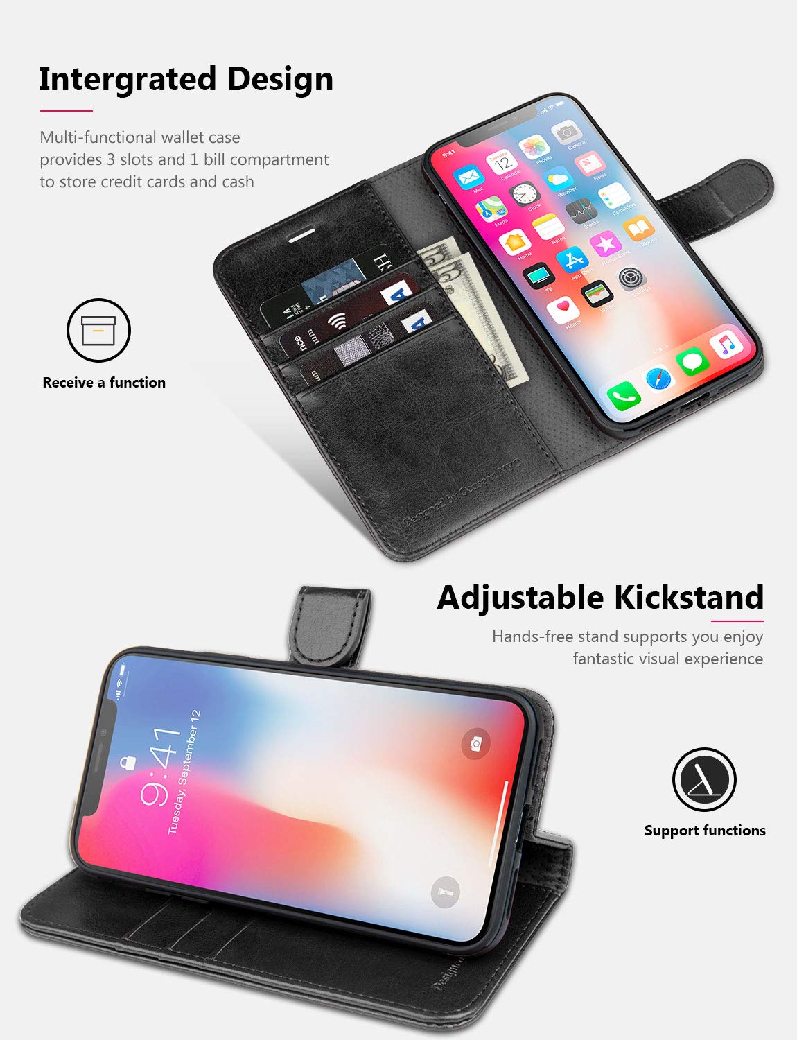 OCASE iPhone X Wallet Case, iPhone 10 Case [ Wireless Charging ] [ Card Slot ] [ Kickstand ] Leather Flip Wallet Phone Cover Compatible with iPhone X/iPhone 10 - Black