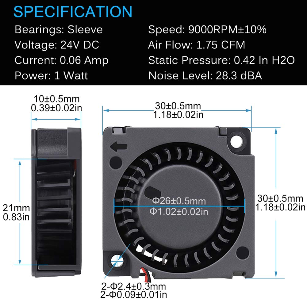 GDSTIME 24V 30mm Blower Fan 30mm x 30mm x10mm 3D Printer Cooling Replacement Fan