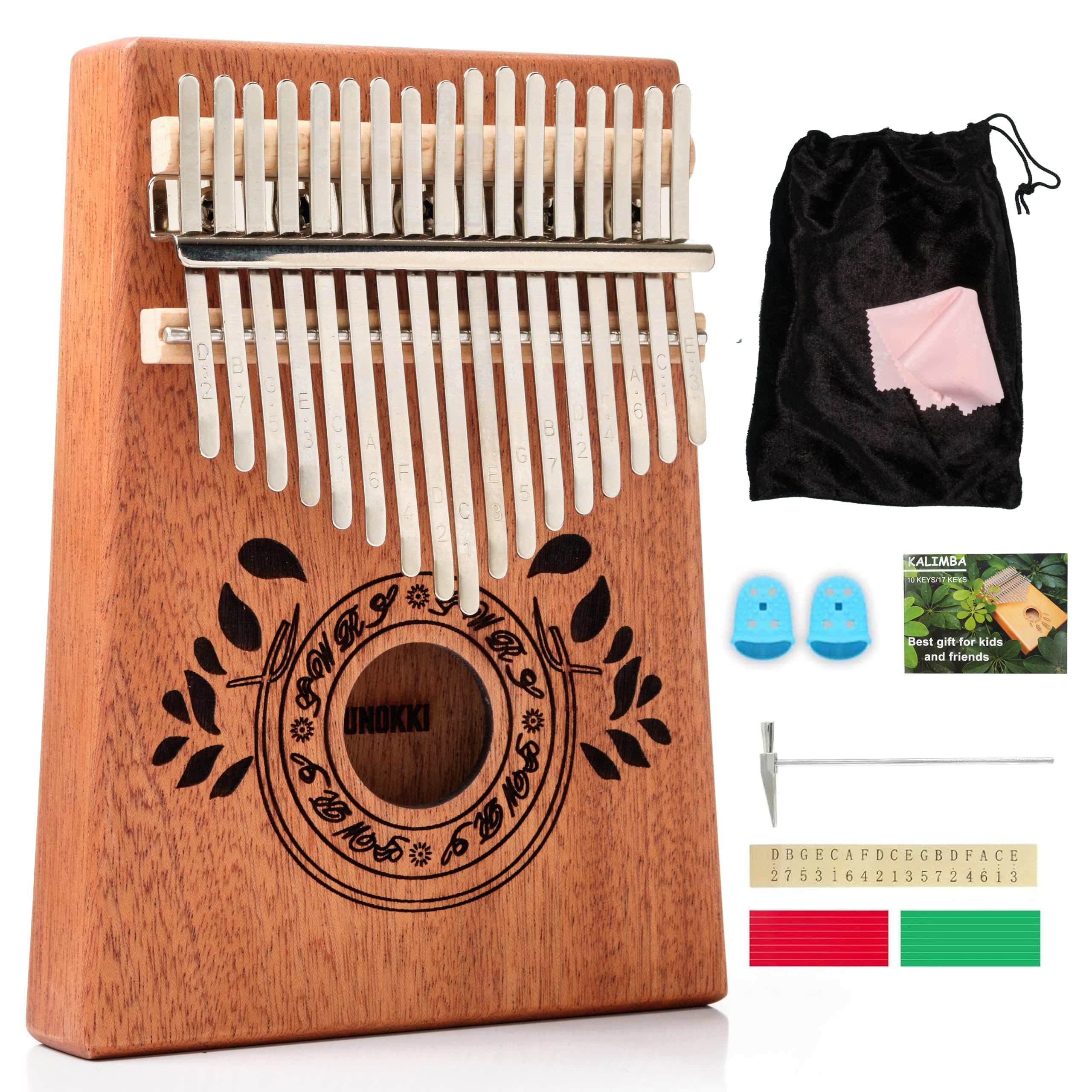 UNOKKI Kalimba 17 Key Thumb Piano, Portable Mahogany Mbira Finger Piano with Instruction, Carrying Bag, Tune Hammer, Reduce Stress, Gift for Well-being for Kids, Adults, Men, Music Lovers- Light Brown