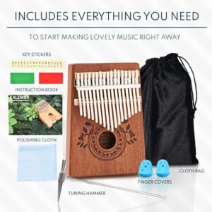 UNOKKI Kalimba 17 Key Thumb Piano, Portable Mahogany Mbira Finger Piano with Instruction, Carrying Bag, Tune Hammer, Reduce Stress, Gift for Well-being for Kids, Adults, Men, Music Lovers- Light Brown