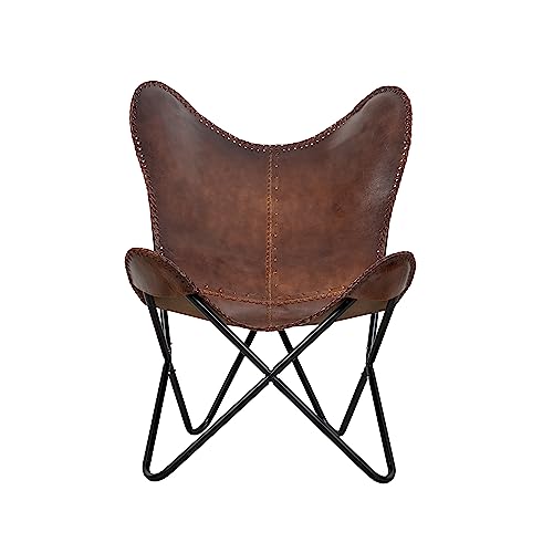 Vintage Brown Leather & Arm Butterfly Chair | Genuine Tan Leather Butterfly Chair Home Decor | Handmade Chair Presented by Presented by Shy Shy Let's The Sky