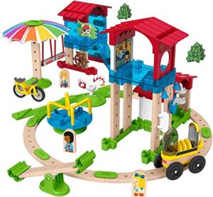 fisher-price wonder makers slide & ride schoolyard - 75+ piece building and wooden track play set for ages 3 years & up