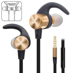 NEM Headphones in Ear Earbuds Magnetic Sweat Proof Sports Wired Earphones Stereo Bass Noise Cancelling Headsets with Microphone and Volume Control for All 3.5mm Jack Phones (Gold)