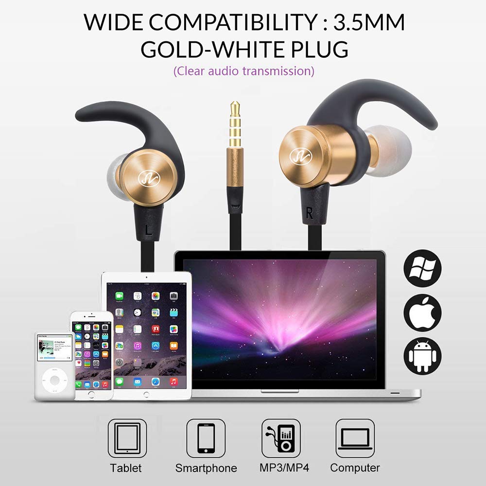 NEM Headphones in Ear Earbuds Magnetic Sweat Proof Sports Wired Earphones Stereo Bass Noise Cancelling Headsets with Microphone and Volume Control for All 3.5mm Jack Phones (Gold)