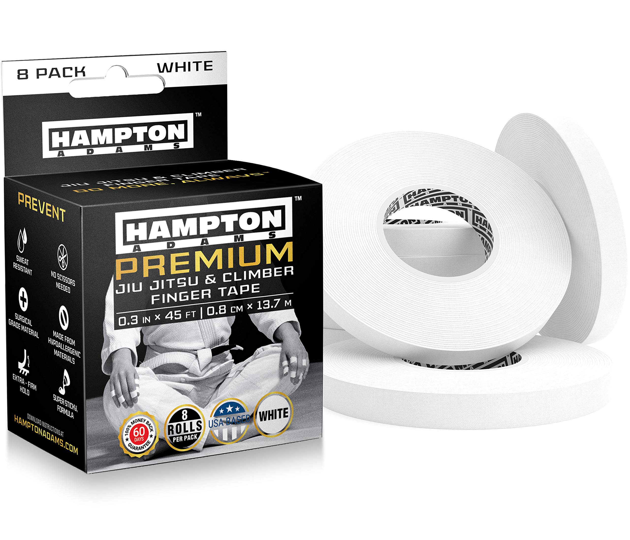 Hampton Adams (8 Pack) White Finger Tape - Athletic Tape | 0.3” x 45 Feet - for Rock Climbing, BJJ Jiu Jitsu, Grappling, Crossfit and Martial Arts