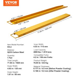 BestEquip Pallet Fork Extension 72 Inch Length 4.5 Inch Width, Heavy Duty Alloy Steel Fork Extensions for forklifts, 1 Pair Forklift Extension, Yellow