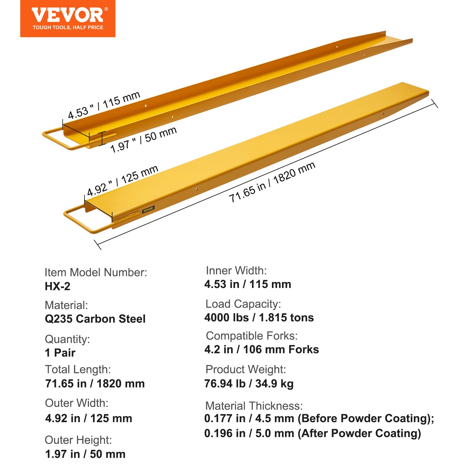 BestEquip Pallet Fork Extension 72 Inch Length 4.5 Inch Width, Heavy Duty Alloy Steel Fork Extensions for forklifts, 1 Pair Forklift Extension, Yellow