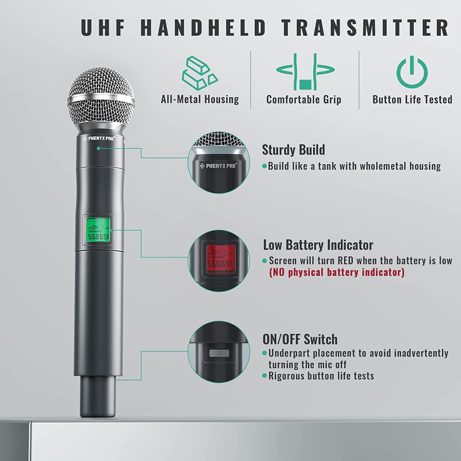 Phenyx Pro Wireless Microphone System, 4-Channel UHF Wireless Mic Set with Handheld/Bodypack/Headset/Lapel Mics, Fixed Frequency Metal Cordless Microphone for Church,Singing,DJ(PTU-5000-2H2B)