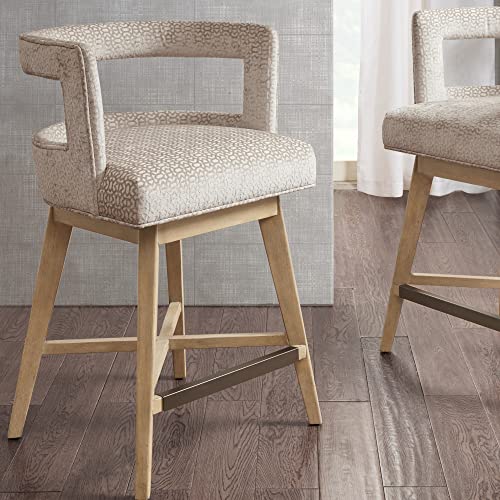 Madison Park Glenwood Upholstered Swivel Counter Stools, Height Kitchen Chair, Solid Wood, Bronze Metal Kickplate Footrest, Back Support, Pipped Fabric, Dining Room Accent Furniture, Cream