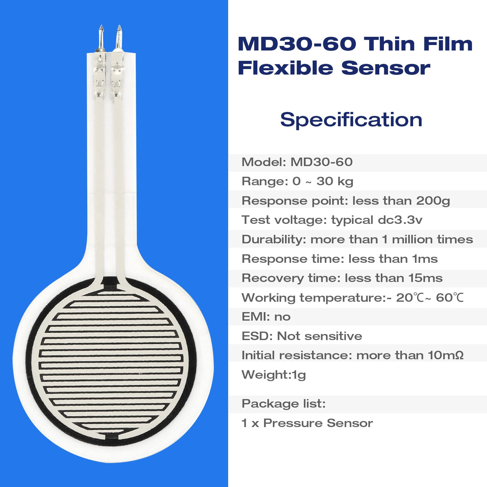 Force Sensitive Resistor Thin Film Pressure Sensor MD30-60 0~30KG Diameter 30mm Resistance-type Thin Film Pressure Sensor Force Sensing Resistor