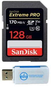 sandisk 128gb sdxc sd extreme pro memory card works with canon eos 77d, 80d, 70d, 6d, 60d digital dslr camera 4k a2 (sdsdxxg-128g-gn4in) bundle with (1) everything but stromboli combo card reader