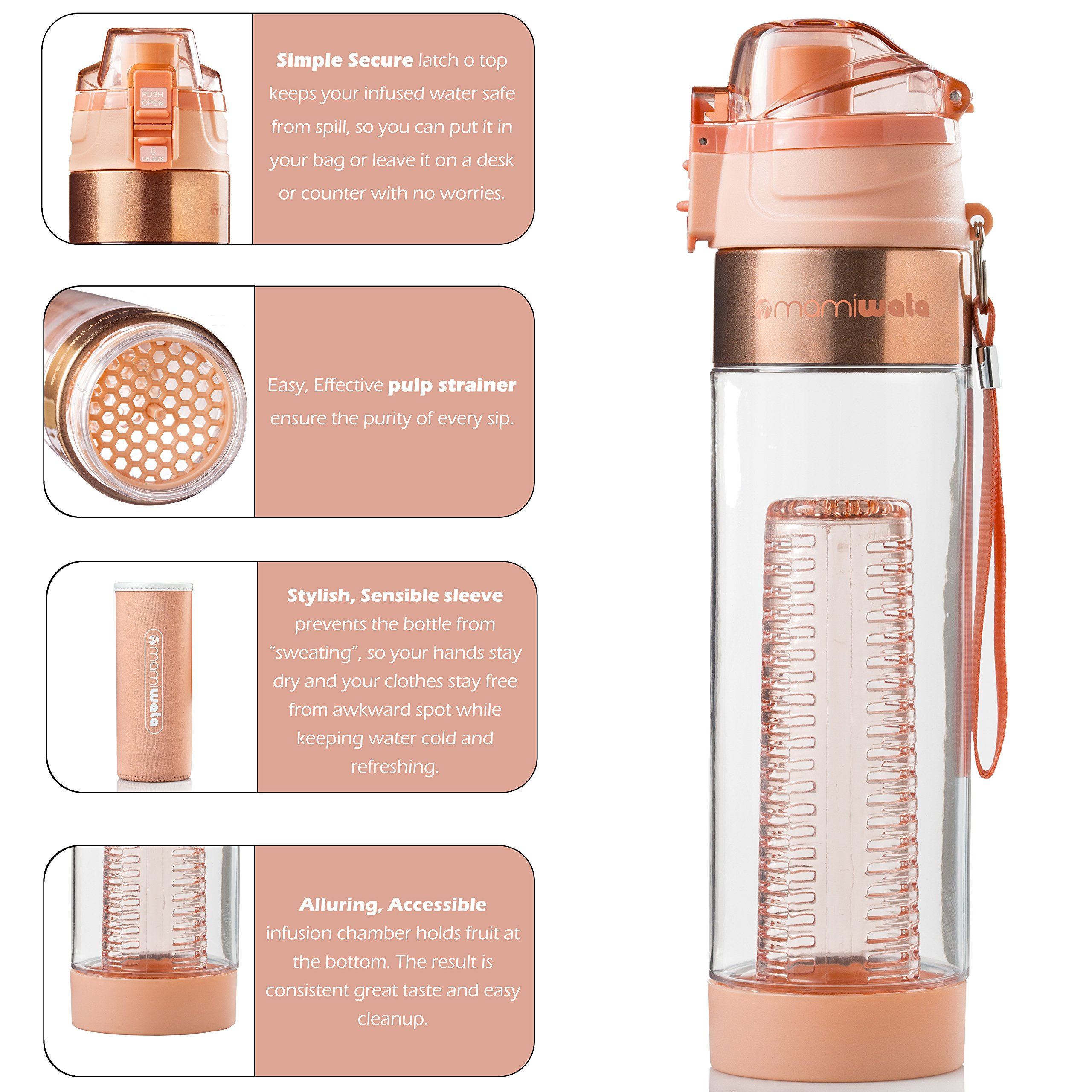 MAMI WATA Fruit Infuser Water Bottle – 24 oz – Tritan Plastic - Unique Stylish Design – Fruit Infused Water recipes eBook & Insulating sleeve – Beautiful Gift Box