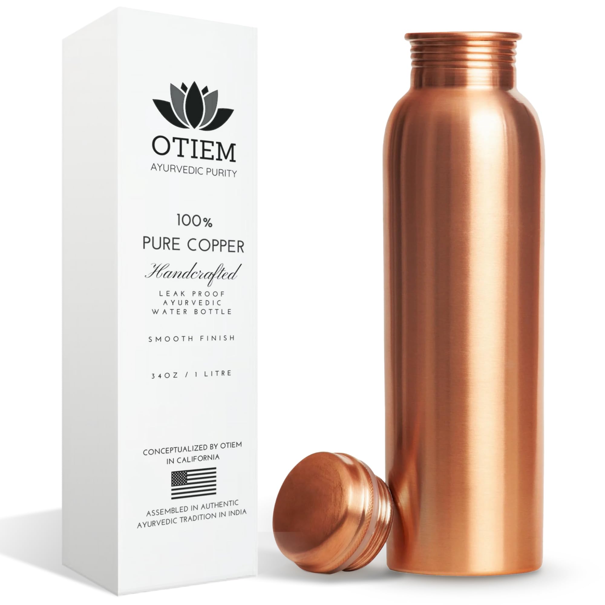 Otiem 34oz Pure Copper Water Bottle for Drinking – Large Handcrafted Ayurvedic Copper Water Bottle, Leak Proof Lid – Smooth Finish Copper Bottle Water Vessel – 100 Copper Drinking Water Bottle 34 Oz