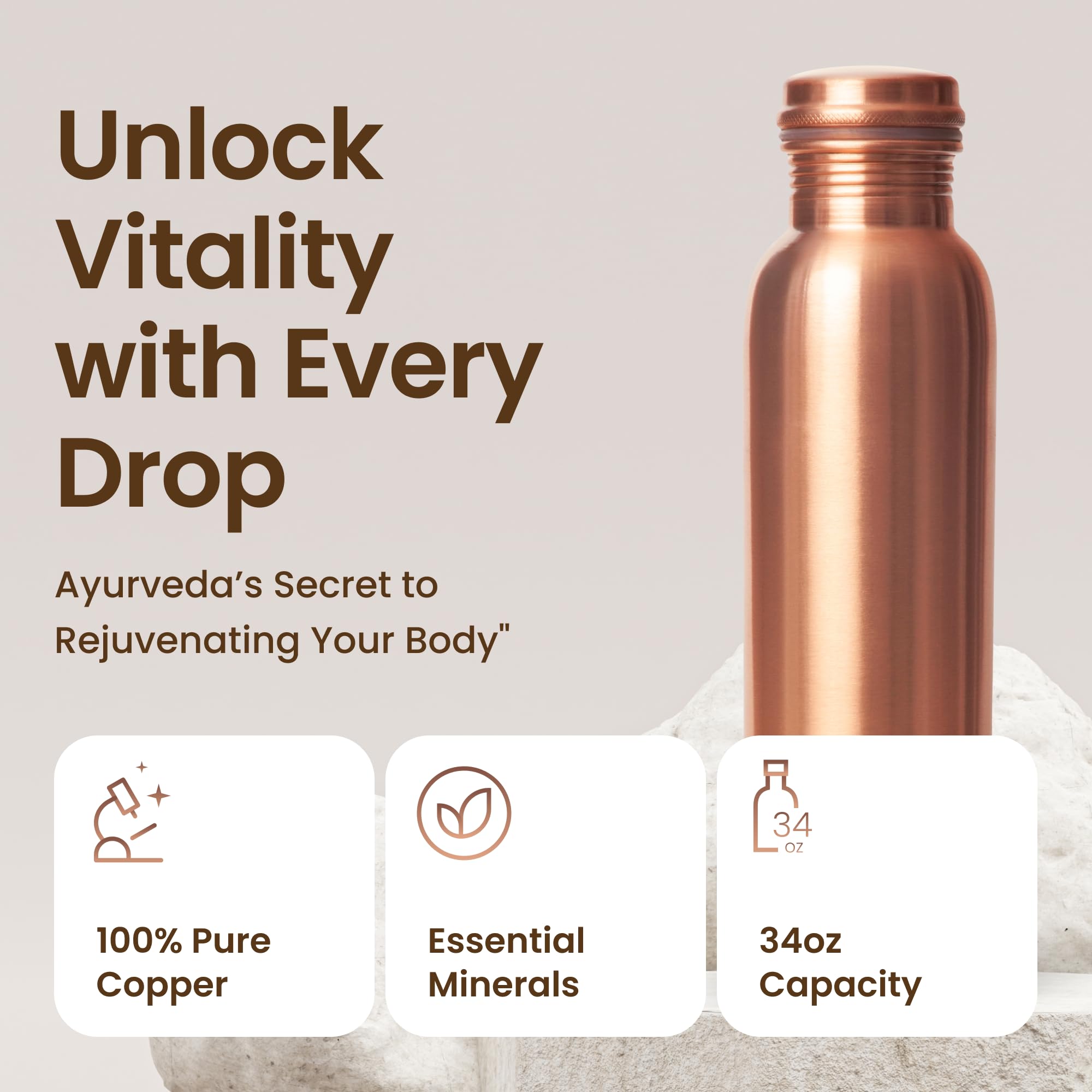 Otiem 34oz Pure Copper Water Bottle for Drinking – Large Handcrafted Ayurvedic Copper Water Bottle, Leak Proof Lid – Smooth Finish Copper Bottle Water Vessel – 100 Copper Drinking Water Bottle 34 Oz