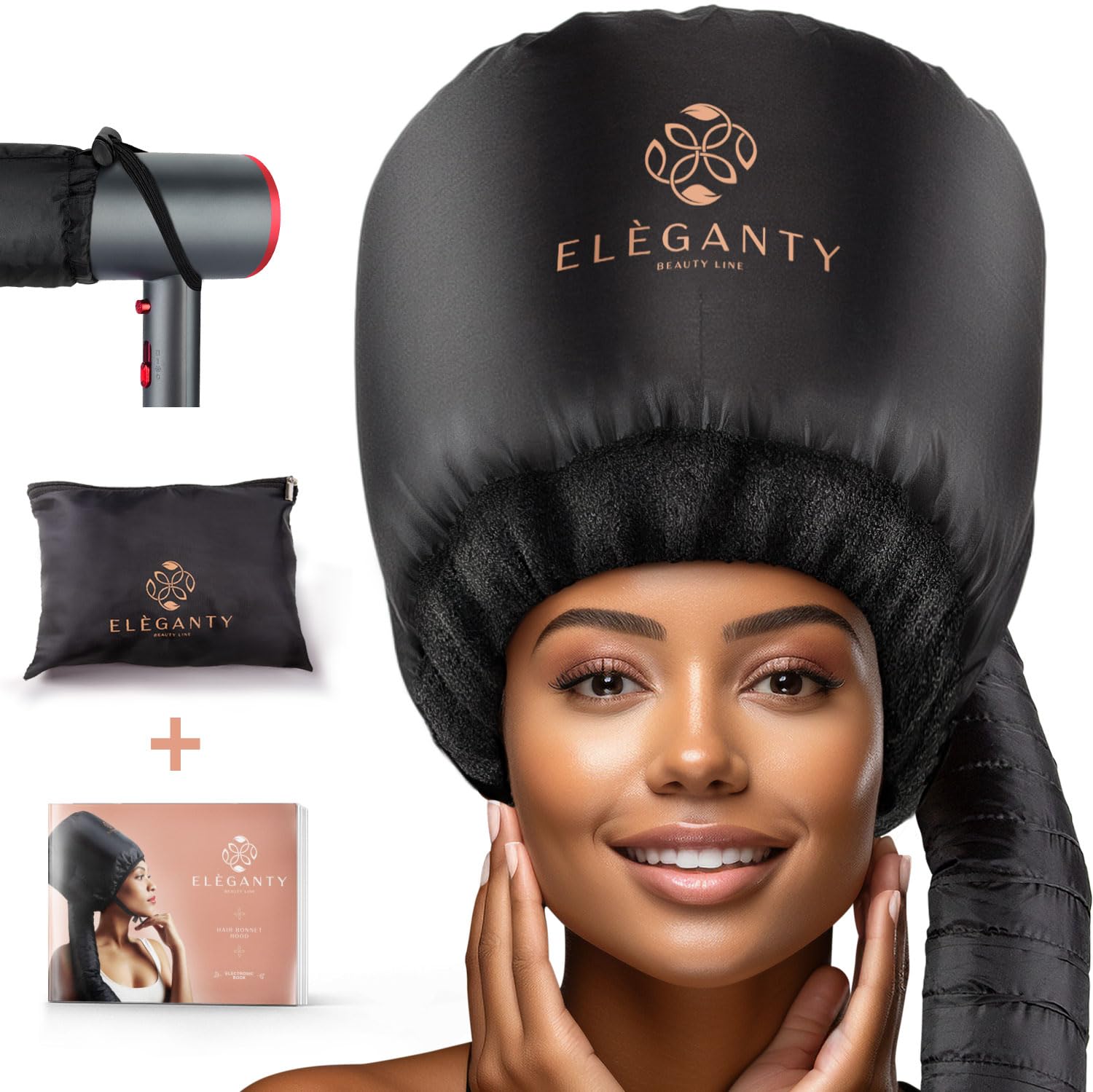 ELEGANTY Soft Bonnet Hood Hairdryer Attachment with Headband that Reduces Heat Around Ears and Neck to Enjoy Long Sessions - Used for Hair Styling, Deep Conditioning and Hair Drying (Black)