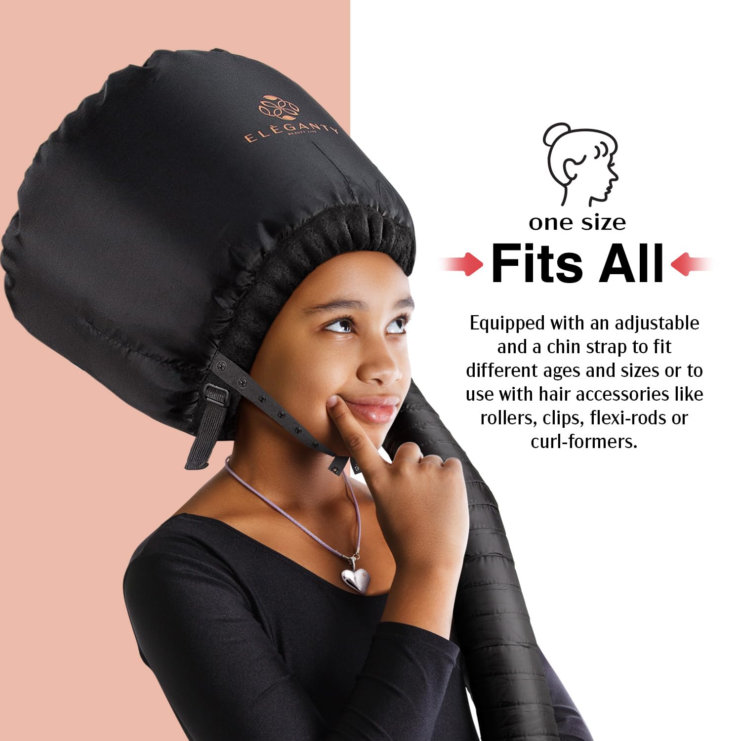 ELEGANTY Soft Bonnet Hood Hairdryer Attachment with Headband that Reduces Heat Around Ears and Neck to Enjoy Long Sessions - Used for Hair Styling, Deep Conditioning and Hair Drying (Black)