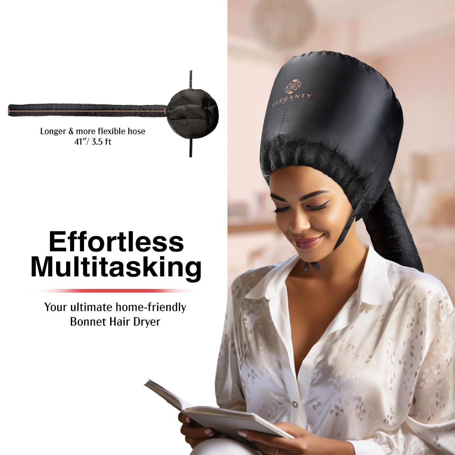 ELEGANTY Soft Bonnet Hood Hairdryer Attachment with Headband that Reduces Heat Around Ears and Neck to Enjoy Long Sessions - Used for Hair Styling, Deep Conditioning and Hair Drying (Black)