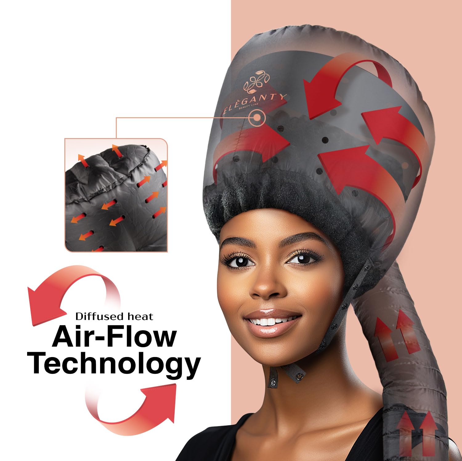 ELEGANTY Soft Bonnet Hood Hairdryer Attachment with Headband that Reduces Heat Around Ears and Neck to Enjoy Long Sessions - Used for Hair Styling, Deep Conditioning and Hair Drying (Black)