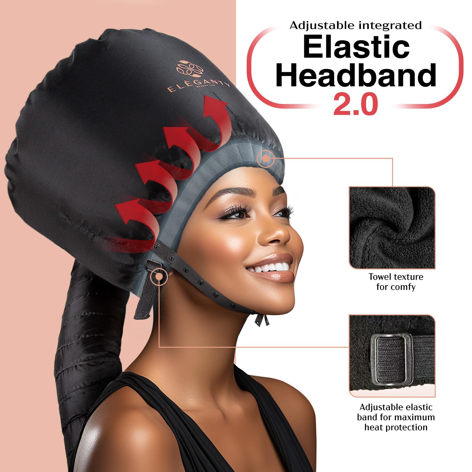 ELEGANTY Soft Bonnet Hood Hairdryer Attachment with Headband that Reduces Heat Around Ears and Neck to Enjoy Long Sessions - Used for Hair Styling, Deep Conditioning and Hair Drying (Black)