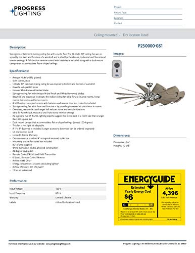 Progress Lighting P250000-081 Springer Ceiling Fans, 60 in, Nickel