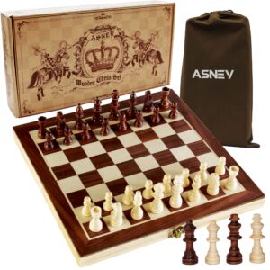 asney upgraded magnetic chess set, 12” x 12” folding wooden chess set with magnetic crafted chess pieces, chess game board set with storage slots, includes extra kings, queens and carry bag