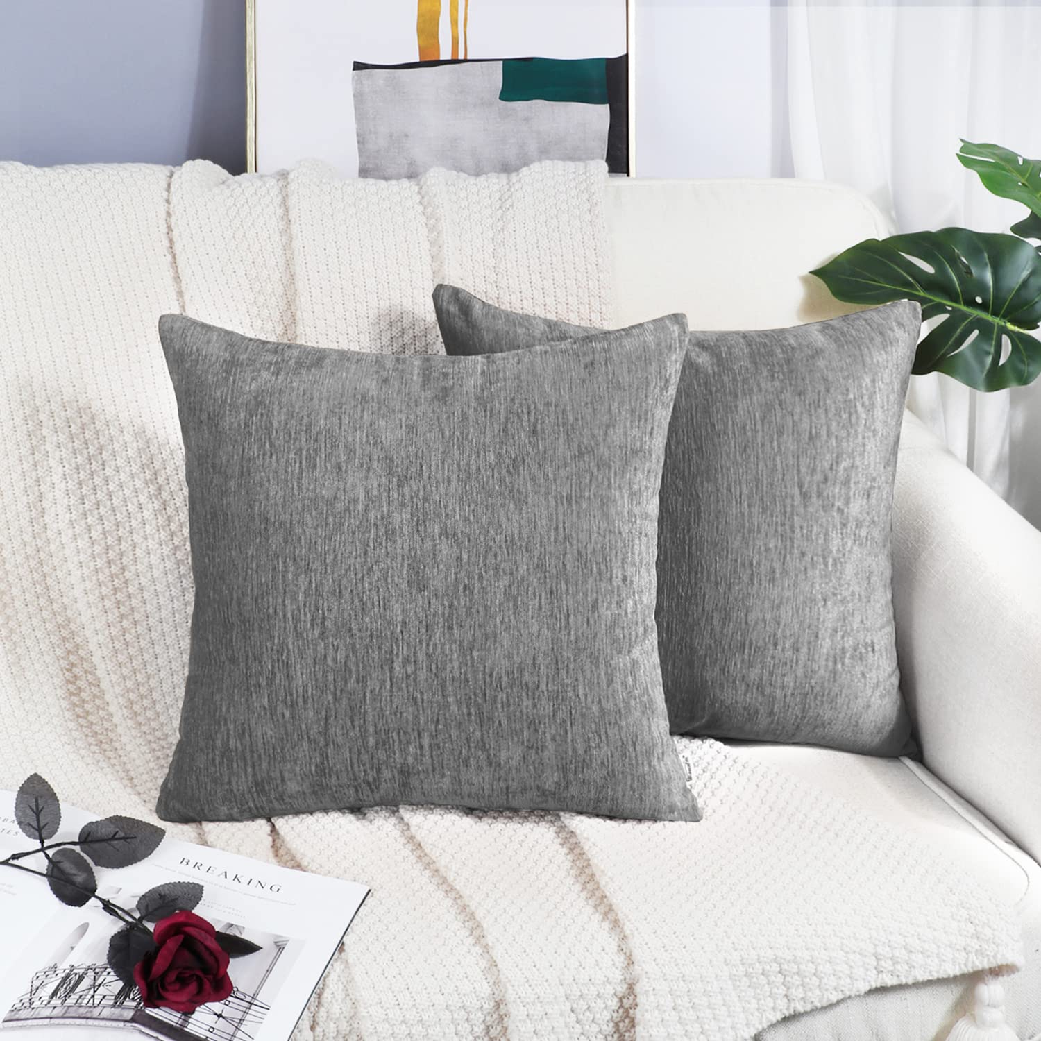 BRAWARM Chenille Throw Pillow Covers 20x20 Inches - Gray Chenille Pillow Covers Pack of 2, Solid Dyed Soft Chenille Pillow Cases for Couch Sofa Bed Home Decoration