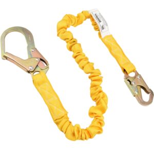 welkforder single leg 6-foot fall protection internal shock absorbing stretchable safety lanyard with snap & rebar hook connectors ansi compliant