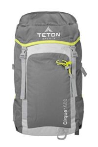 teton sports cirque 1600 backpack; packable, lightweight, comfortable daypack for hiking and travel; overnight bag,grey, 22" x 15" x 6.75"