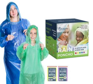 lingito rain ponchos family pack | 12-piece emergency drawstring hood poncho for children and adults | lightweight reusable or disposable