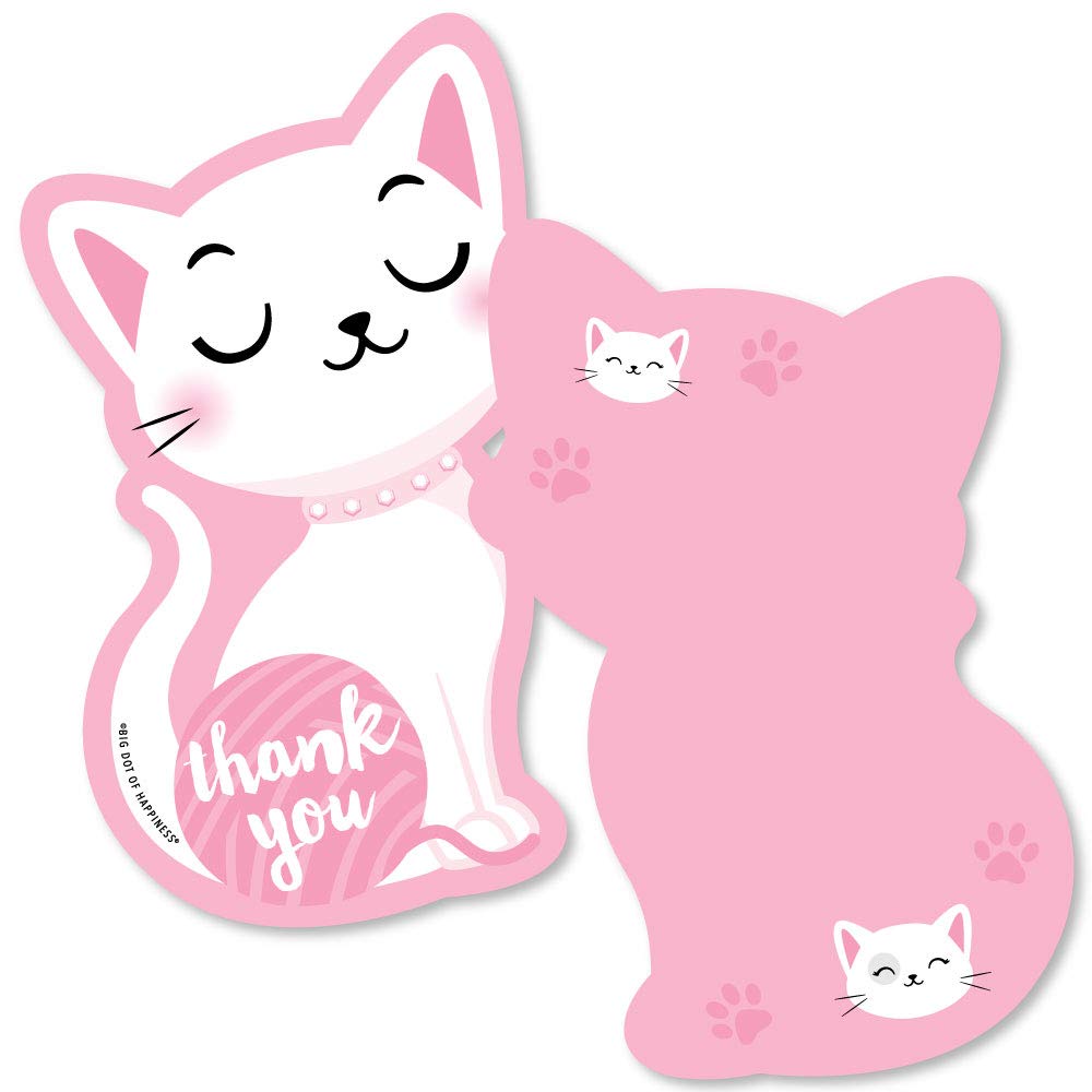 Big Dot of Happiness Purr-fect Kitty Cat - Shaped Thank You Cards - Kitten Meow Baby Shower or Birthday Party Thank You Note Cards with Envelopes - Set of 12