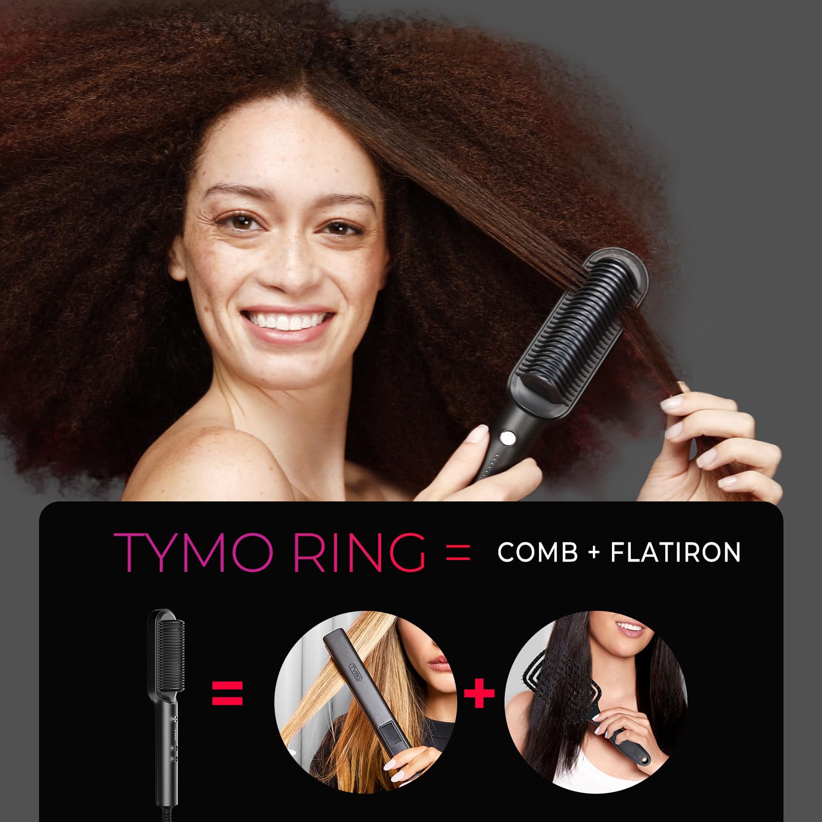 Hair Straightener Brush, TYMO Ring Hair Straightener Comb Straightening Brush for Women with 5 Temps 20s Fast Heating & Dual Voltage, Black