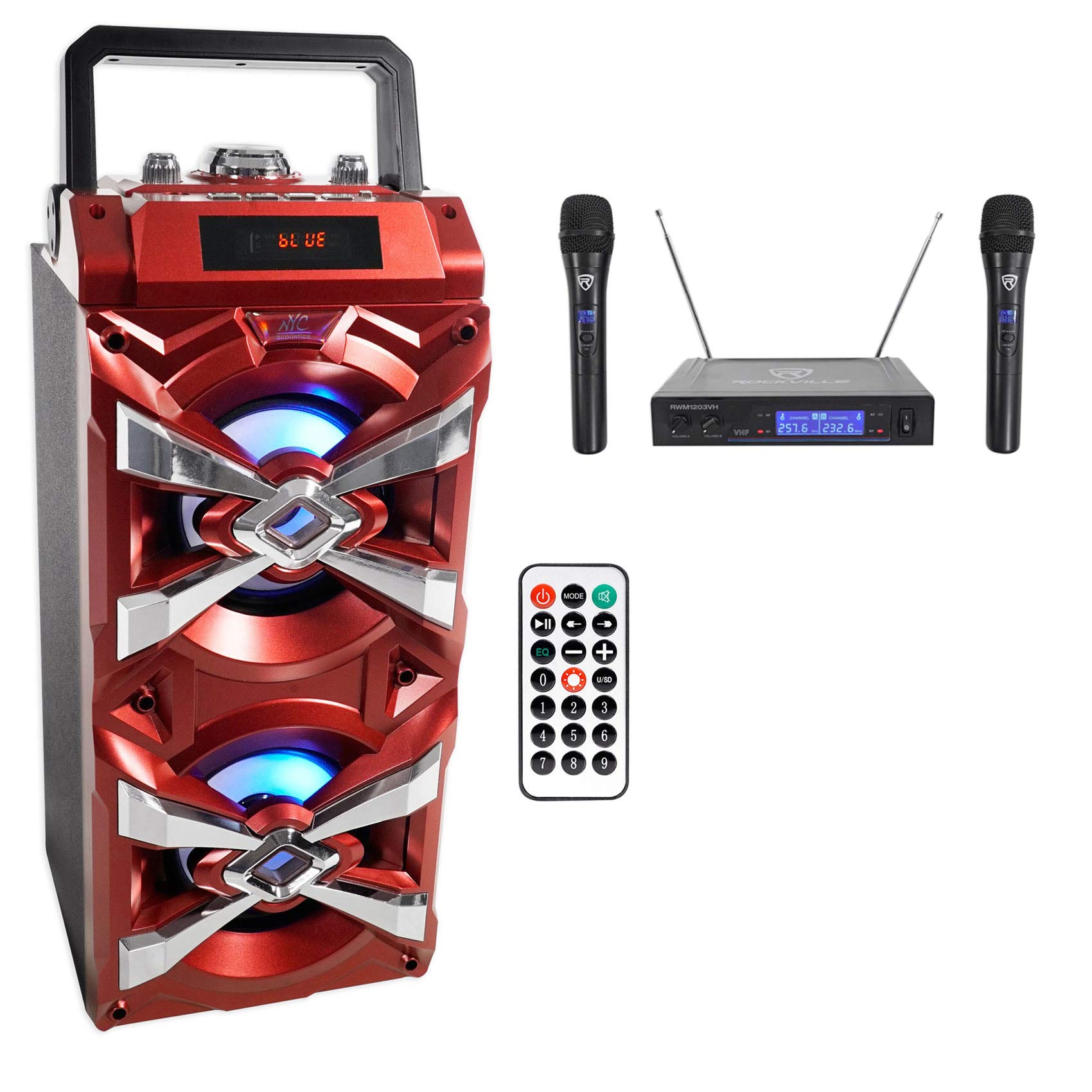 NYC Acoustics X-Tower Dual 4" Bluetooth Speaker w/Sound Activated LED's+Remote Bundle with Rockville RWM1203VH VHF Wireless Dual Handheld Microphone System/Digital Display