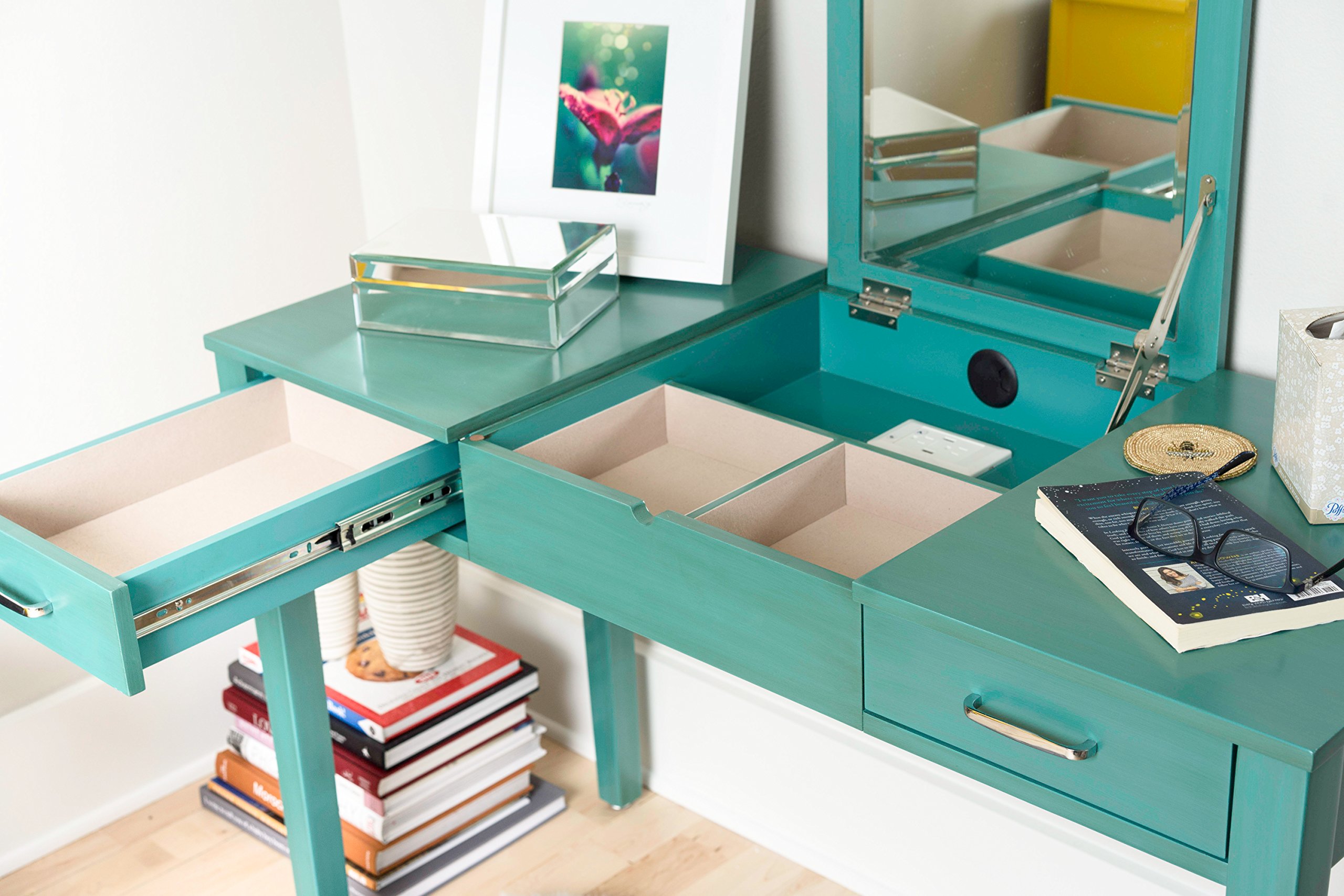 Alveare Home Aimee Makeup Dressing Table with USB and Outlet Vanity Desk, Turquoise