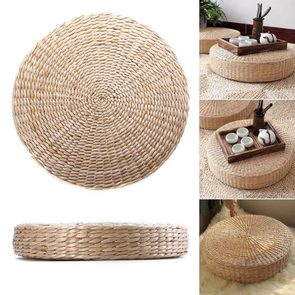 GOTOTOP Floor Seat Cushion, Woven Straw Yoga Meditation Cushion Round Pouf Tatami Yoga Seat Pillow Floor Mat Floor Pillow Sitting Cushion for Home Living Room Garden Dining Room Decoration