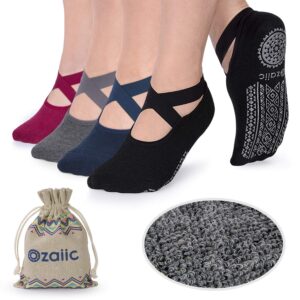 ozaiic non slip socks for yoga pilates barre fitness hospital socks for women (4 pairs - black/navy/d.gray/burgundy)