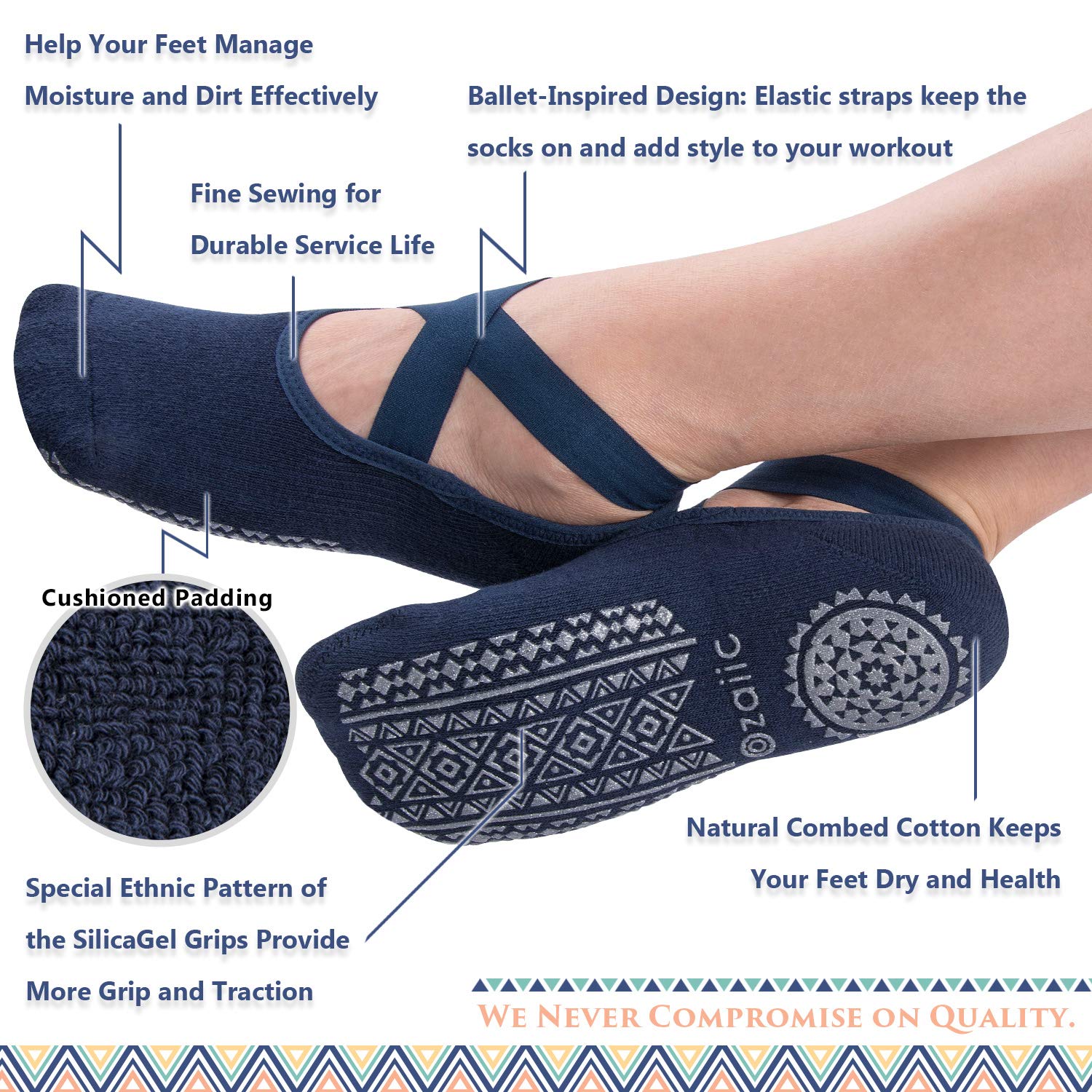 Ozaiic Non Slip Socks for Yoga Pilates Barre Fitness Hospital Socks for Women (4 Pairs - Black/Navy/D.gray/Burgundy)