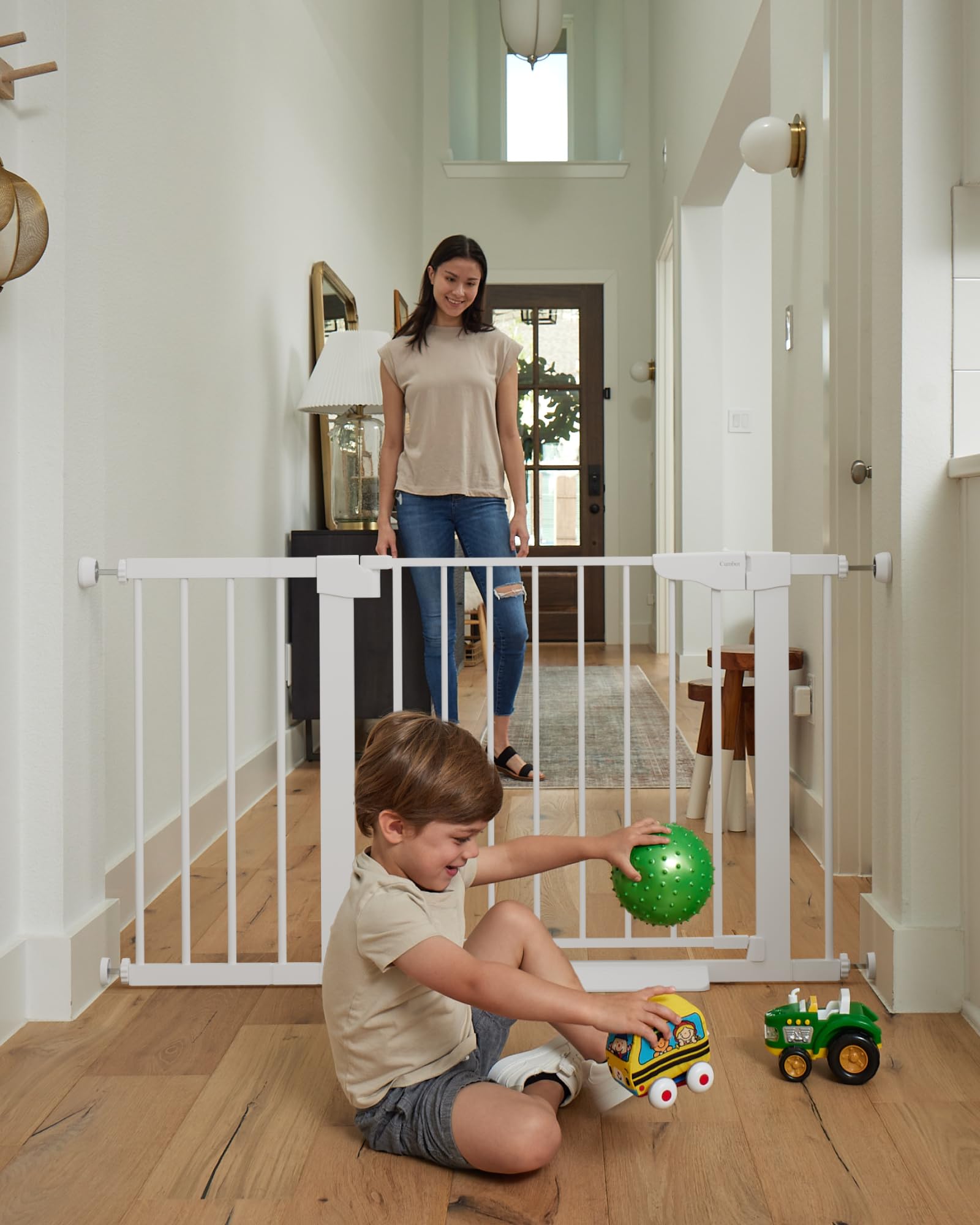 Cumbor 29.7-46" Baby Gate for Stairs, Mom's Choice Awards Winner-Auto Close Dog Gate for the House, Easy Install Pressure Mounted Pet Gates for Doorways, Easy Walk Thru Wide Safety Gate for Dog, White